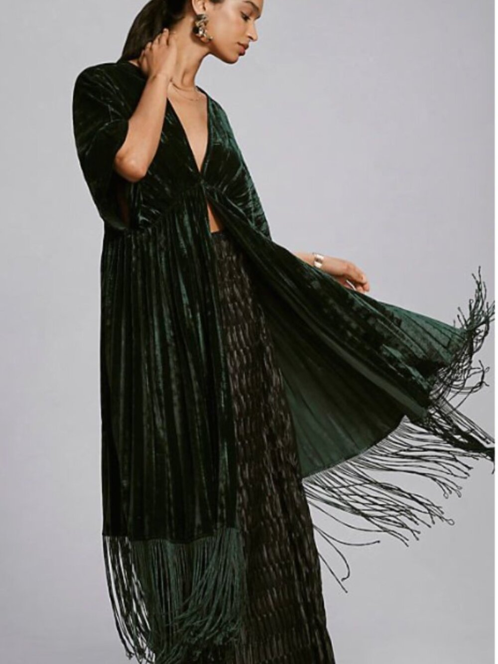 ISO Anthropologie Green Velvet Fringe Duster